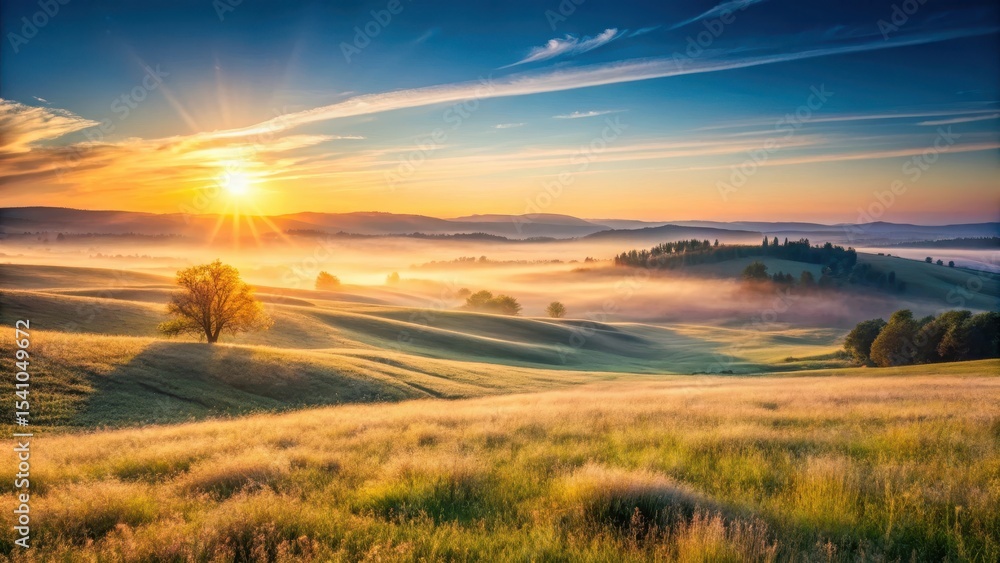 Obraz premium Golden Hour Serenity A Lone Tree Stands Sentinel Over Rolling Hills Bathed in Sunrise Mist