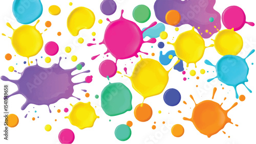 Colorful, abstract, and vibrant paint splatters in a circular pattern on a white background. Vector illustration of multicolor paint splashes.