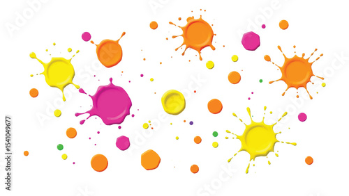 Colorful, abstract, and vibrant paint splatters in a circular pattern on a white background. Vector illustration of multicolor paint splashes.