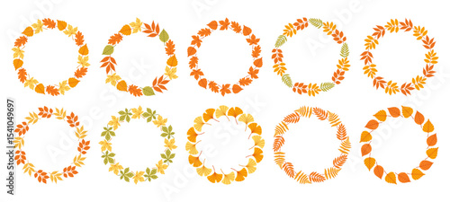 Simple autumn leaves circle frame set. Cute wreath border of autumn leaves. Hello fall. Vector seasonal illustration. Template for poster, postcard.