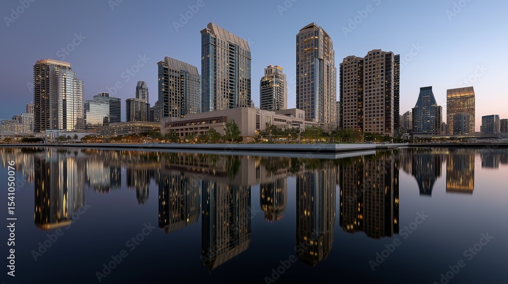 Panoramic city skyline displays office towers with dusk reflections. Glass buildings glow with city lights. AI generated. Panoramic city skyline displays office towers with dusk reflections. Glass buildings glow with city lights. AI generated.