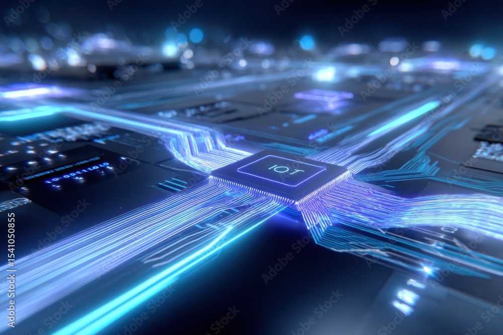 Obraz premium Illuminated IOT Microchip With Glowing Data Streams, Representing Digital Transformation and Connectivity Solutions : Generative AI