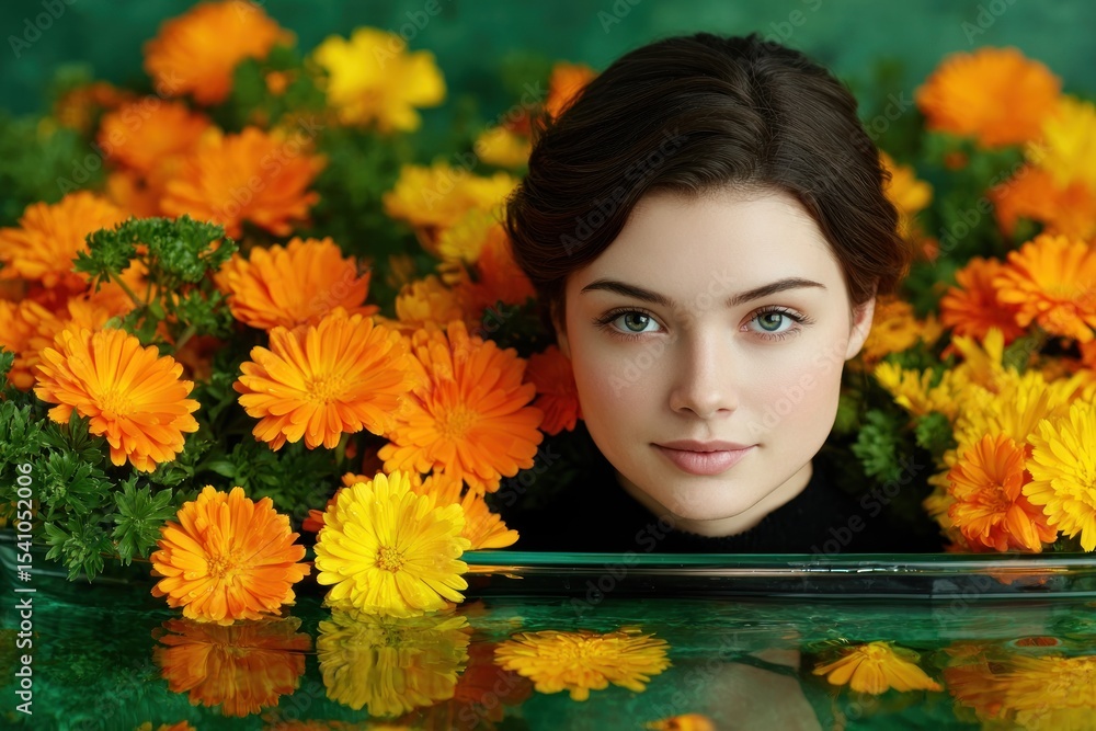 Naklejka premium Woman surrounded by flowers in water