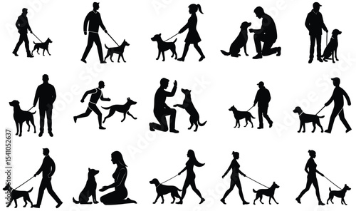 Black Silhouettes of People Walking and Training Dogs Various Poses and Actions Canine Companionship