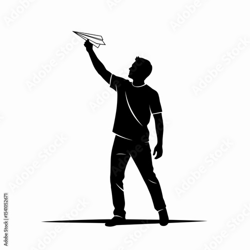 Man launches paper airplane dreaming big soaring high achieving goals