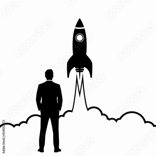 Businessman watches rocket launch ambitious success startup concept