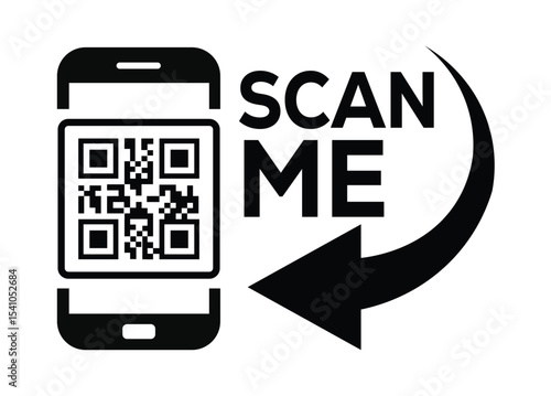 Minimalist black and white illustration: Smartphone on left displays QR code. "SCAN ME" text and curved arrow point to it on right, inviting scanning action. Clean white background, modern tech style,