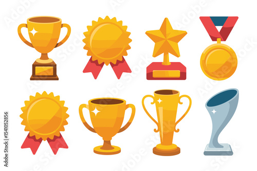 Collection of various awards including gold cups medals and a star trophy on a white background
