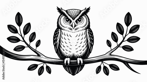 Illustration of an owl perched on a branch with leaves in black and white