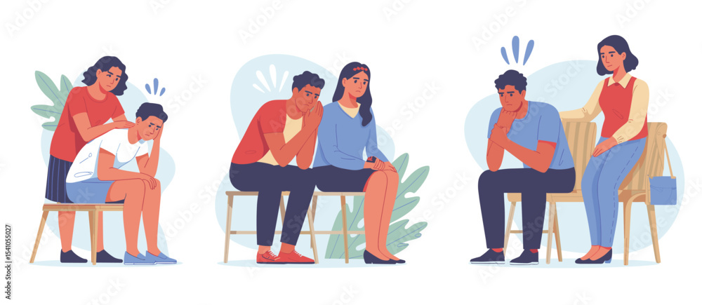 Three scenes of people comforting each other with gentle touch and concerned expressions showing support Three scenes of people comforting each other with gentle touch and concerned expressions showing support