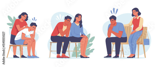 Three scenes of people comforting each other with gentle touch and concerned expressions showing support