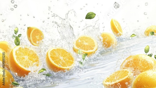 Fresh orange slices in water splashes