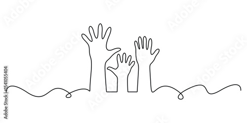 Hands up, raised up volunteering, audiences and teamwork continuous one line drawing. Single line art style hands up, raised up volunteering, teamwork and audiences. Vector illustration