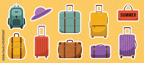 Illustration of various luggage items including suitcases backpacks and a summer tote bag on yellow