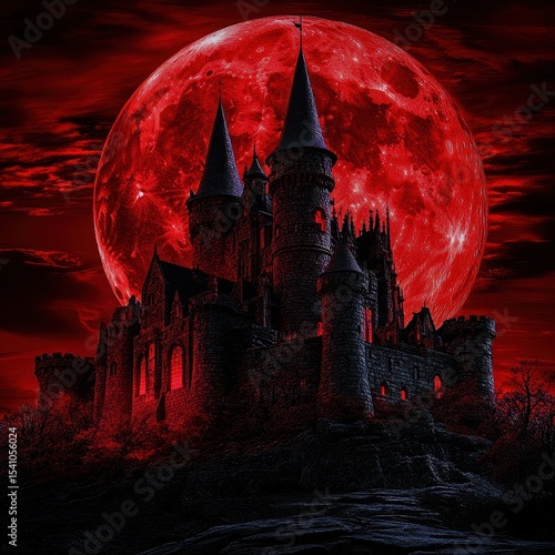 A spooky Halloween vampire castle under a blood moon