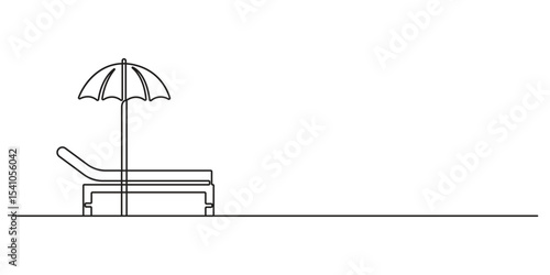 Continuous one line drawing of Beach chair lounger with umbrella. One line drawing illustration of Beach umbrella and chair. Summer vacation concept vector illustration