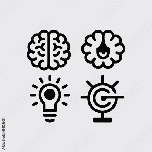 Four black icons depicting brain idea eye and target on a light gray background in a square format