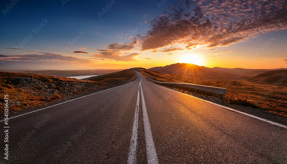 Naklejka premium a long winding road stretches toward the beautiful sunset above
