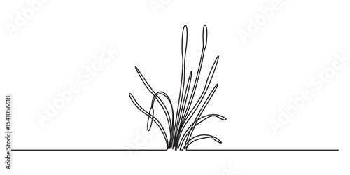 Abstract meadow line art with grass. Reed one continuous line drawing of grass vector illustration. Hand drawn doodle drawing of pond on white background, minimalist style grass. Pro vector