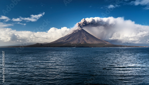 moody volcano above the sea