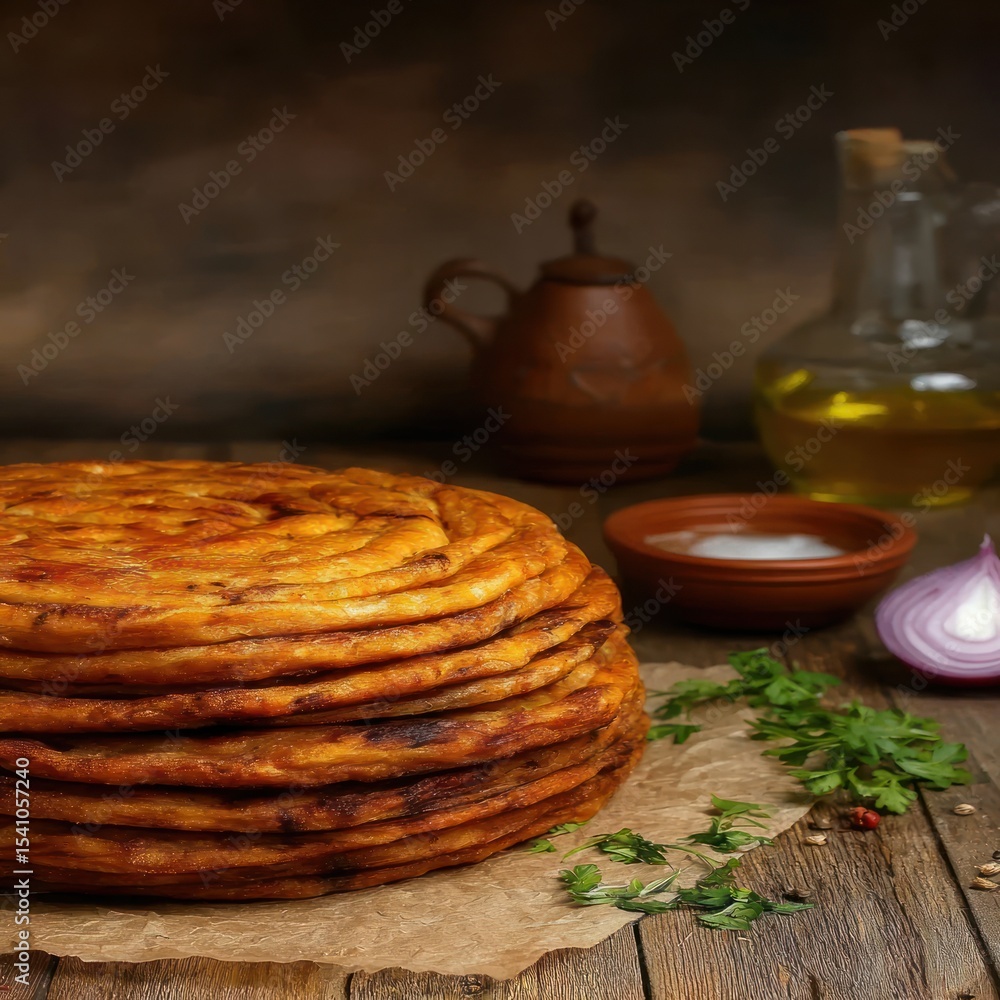 Stacked baked flatbreads on parchment paper Stacked baked flatbreads on parchment paper