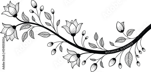 Illustration of a stylized floral branch with flowers and leaf details