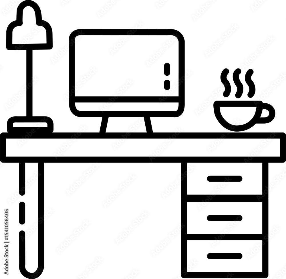 Clean outlined icon of a desk with lamp and coffee cup. Great for home office apps, time trackers, or lifestyle blogs Clean outlined icon of a desk with lamp and coffee cup. Great for home office apps, time trackers, or lifestyle blogs