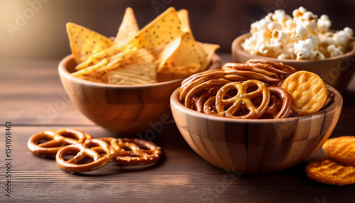 salty and sweet snacks pretzels chips crackers popcorn in wooden bowls on table
