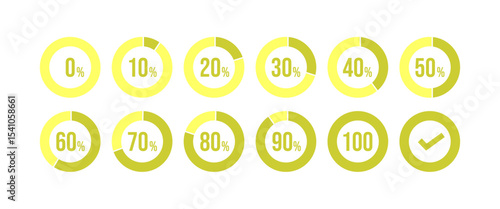 Percentage pie chart set. Circle percent diagram or chart with progress, green and yellow color, from 10% to 100% percent, vector illustration
