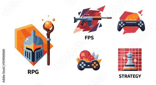 Video Game Genre Icons: RPG, FPS, Strategy, and Controller Symbol in Modern Flat Design