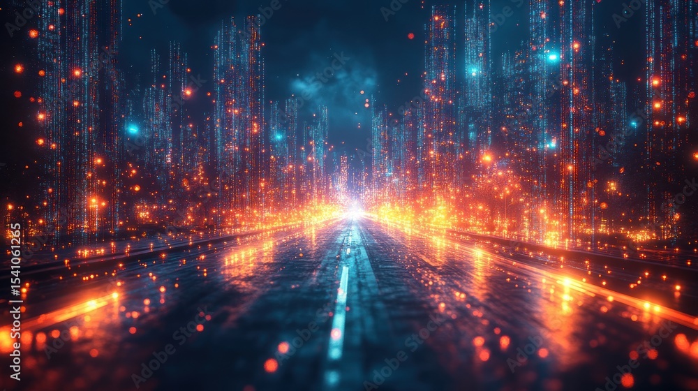 Obraz premium Futuristic city road bathed in digital light. Vast digital cityscape