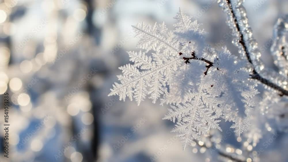 Detailed Close-Up of Frost-Covered Branch with Snowflake-Like Ice Crystals Detailed Close-Up of Frost-Covered Branch with Snowflake-Like Ice Crystals