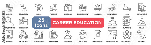Career Education icon collection set. Containing career,education,skills,training,guidance,development,learning,mentorship,job,employment icon. Simple line vector.	