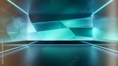 An ultra-modern studio space designed with sleek, geometric architecture, where a captivating blue-green gradient flows seamlessly across the walls and floor. 