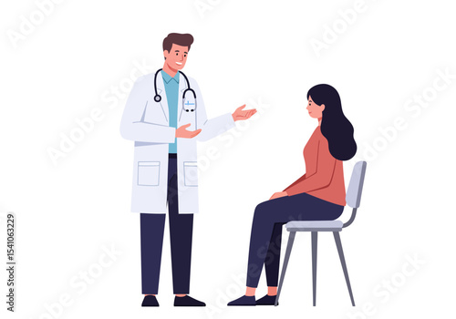 A doctor in a white coat talks with a woman seated on a chair in a medical consultation setting