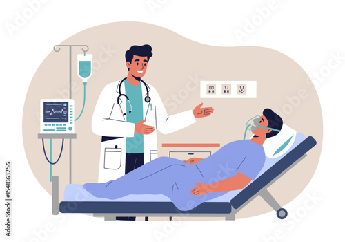 A doctor is seen explaining something to a patient lying in a hospital bed with medical equipment nearby