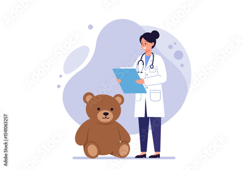 A doctor in lab coat checks a teddy bear while holding a blue clipboard