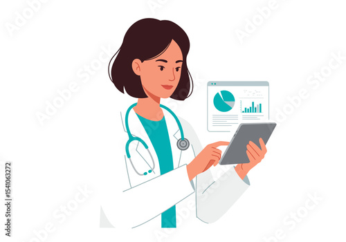 A doctor reviews data on a tablet wearing a stethoscope and lab coat
