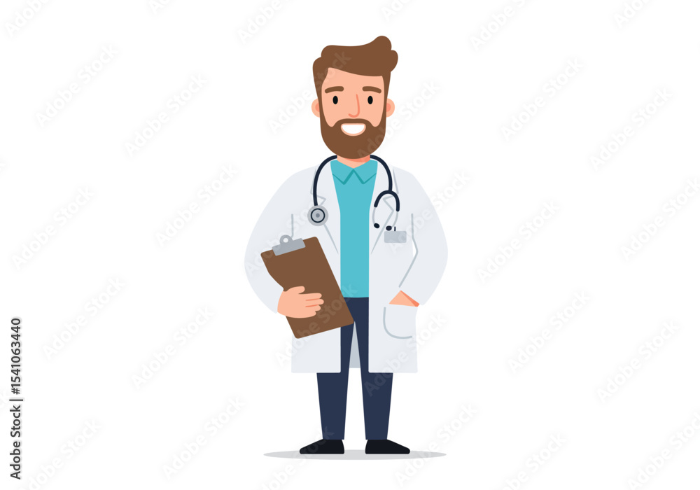 Cartoon doctor with beard lab coat stethoscope and clipboard Cartoon doctor with beard lab coat stethoscope and clipboard