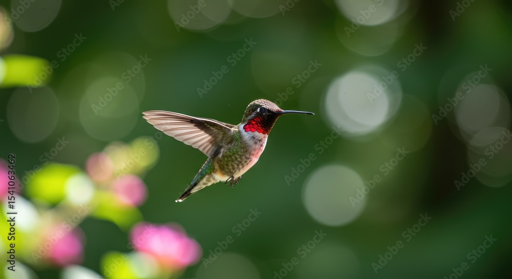 Fototapeta premium A hummingbird in flight, surrounded by soft-focus greenery and pink blossoms