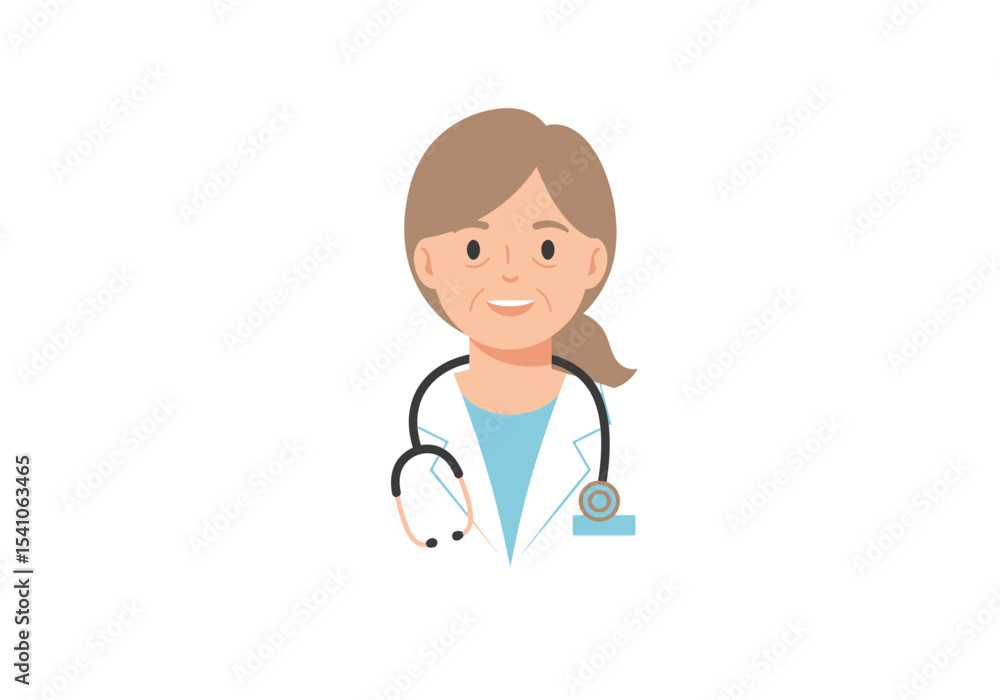 Cartoon illustration of an elderly smiling female doctor with a stethoscope Cartoon illustration of an elderly smiling female doctor with a stethoscope