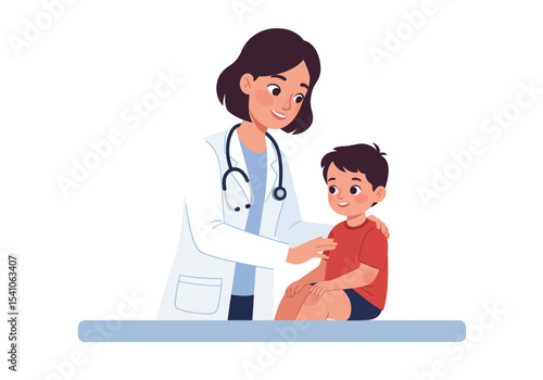 Cartoon depiction of a female doctor examining a young boy sitting on a table