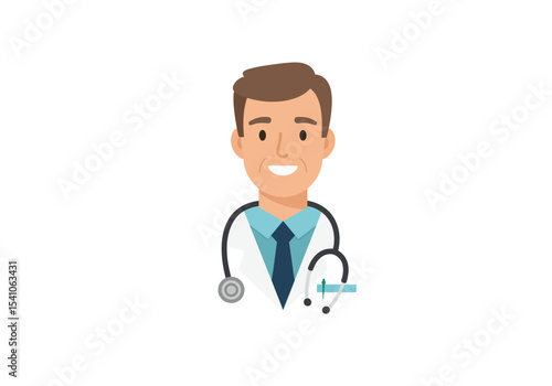Cartoon doctor wearing a white coat and stethoscope smiling gently