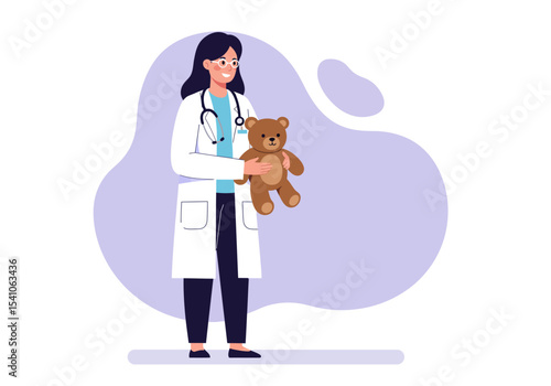 Cartoon doctor with glasses lab coat and stethoscope holding a brown teddy bear