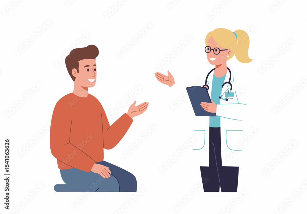Doctor wearing a lab coat and stethoscope talking to a man sitting on the ground Doctor wearing a lab coat and stethoscope talking to a man sitting on the ground