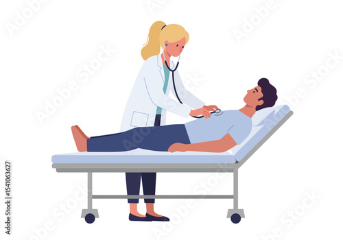 Doctor using stethoscope on patient lying on hospital bed