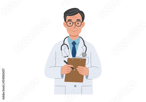 Doctor with glasses in white coat holding clipboard and pen