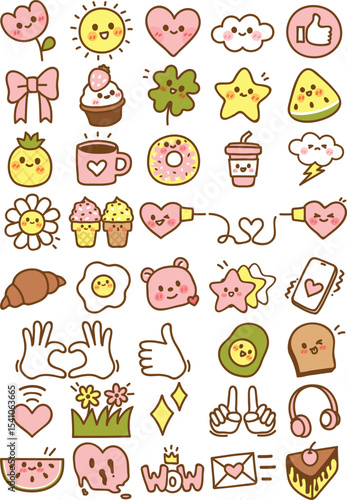 Icon badges, cute vector art, pink heart theme sticker sheet, emoji set, seamless pattern, wrapping paper, fabric textiles, kid clothes 