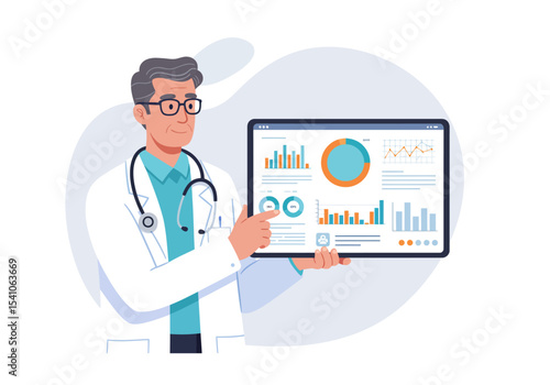 Doctor with glasses pointing to charts on a digital tablet