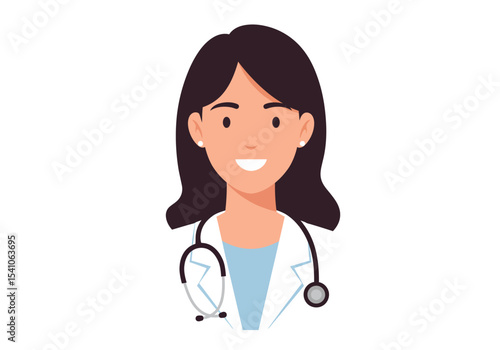 Female doctor with dark hair wears a white coat and stethoscope smiling